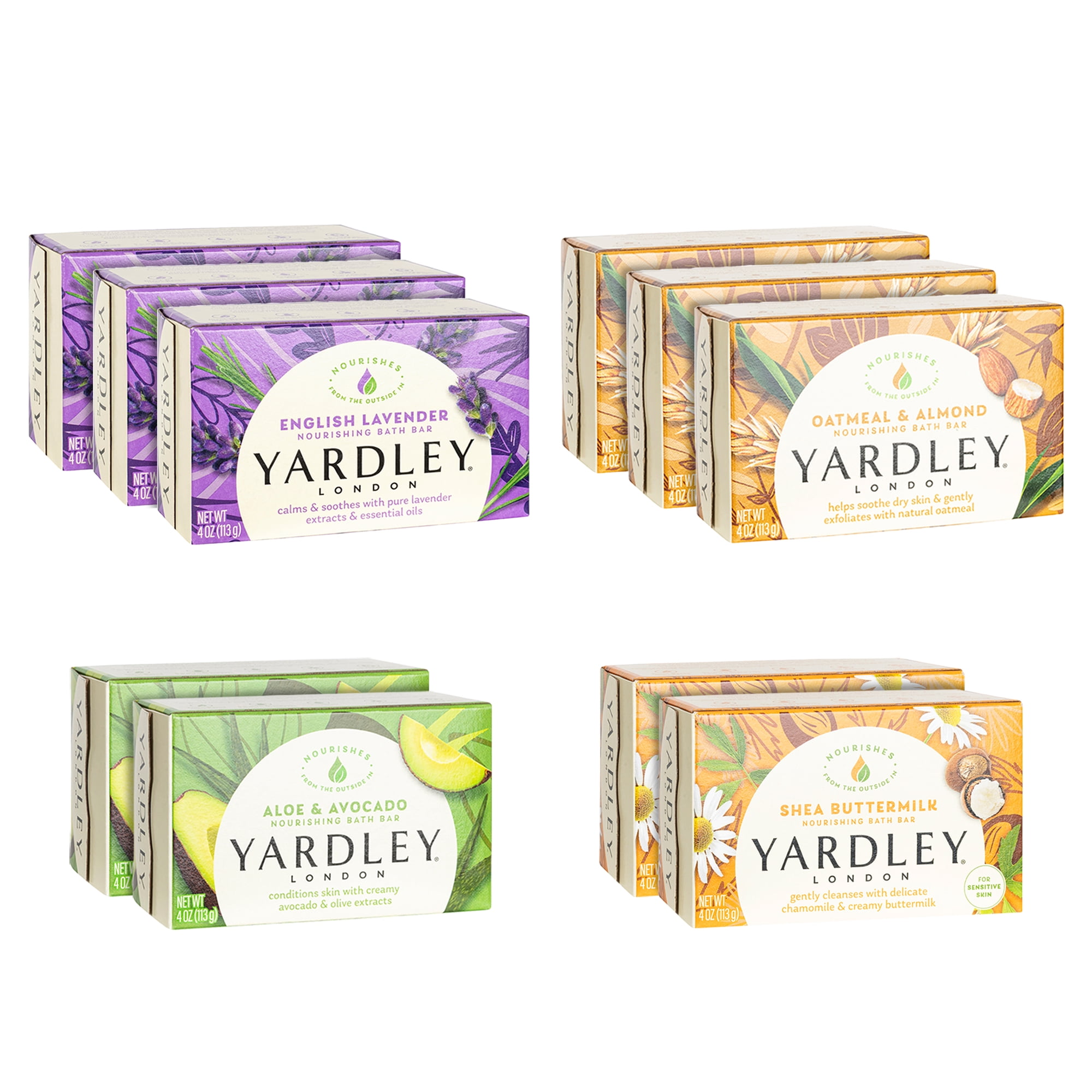 Yardley London Bath Soap Bars Bundle, 10 Pack - (3) English Lavender, (3) Oatmeal & Almond, (2) Aloe & Avocado, (2) Shea Buttermilk, 4 Oz (Each)