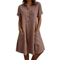 thumbnail image 3 of Bxsruta Women's Summer Casual Short Sleeve Shirt Dress with Pockets Loose Fit Midi Length Breathable Soft Cotton Linen Blend Button Down Collared Flowy Everyday, 3 of 7