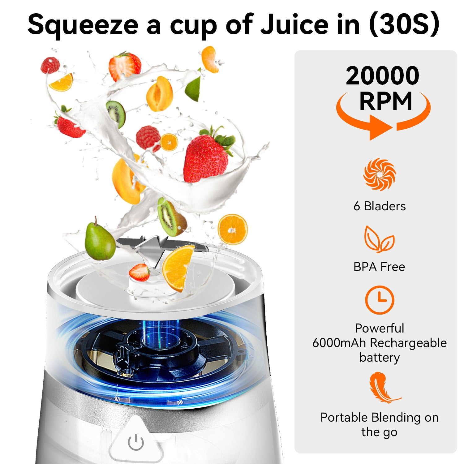 Portable Blender, 6000mAh Personal Blender with USB Rechargeable for Shakes and Smoothies, BPA Free 24 Oz Juicer Cup with 6 Blades and Lid, 360W Self Cleaning Portable Juicer for Home/Office/Travel