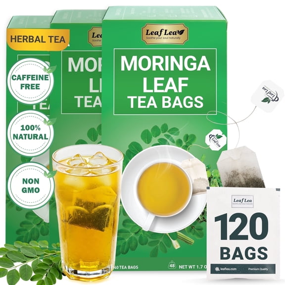 LeafLea 120 Moringa Tea Bags – Pure Moringa Leaf Herbal Tea, Caffeine-Free, No Added Sugar, Individually Wrapped, Plant-Based
