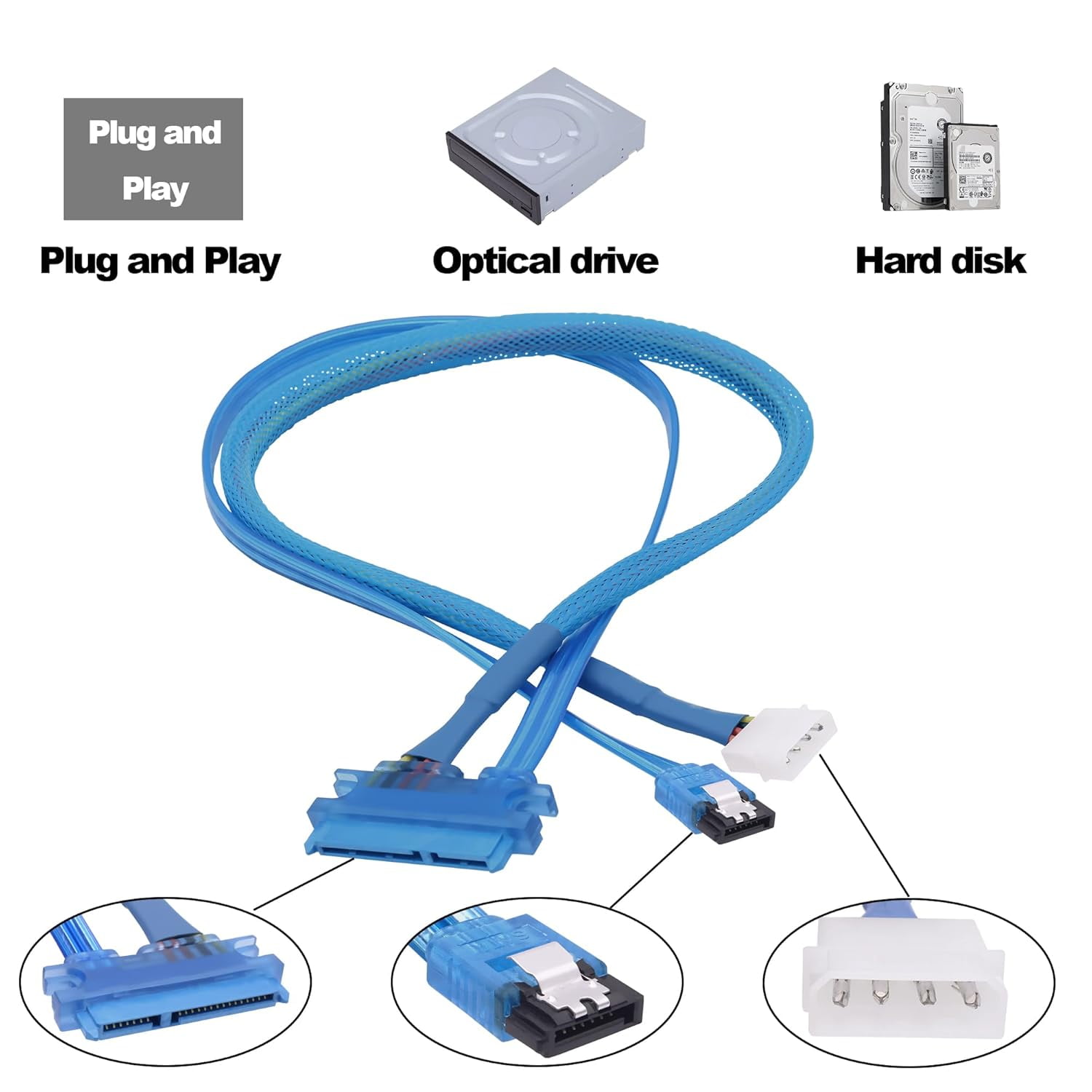HRTGFD-22Pin SATA Data Power Cable 2 in 1 SATA III 7+15 Pin to 7 Pin Data with IDE 4Pin Power Interface Female to Male Data and Power Combo Extension Cable for Hard Disk Optical Drive -50cm-2pcs