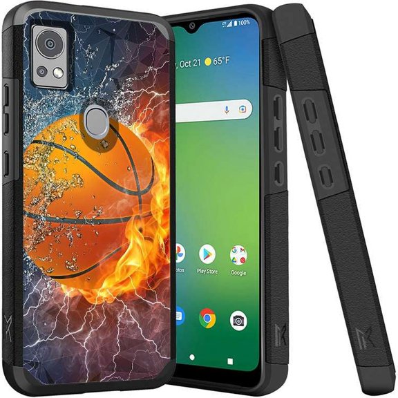 ANJ  Shockproof Dual Layer Slim Hard Case   Tempered Glass Cover Compatible with Icon 5, AT&T Motivate 4 - Fiery Basketball