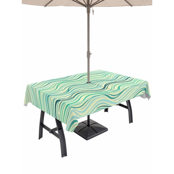 Outdoor Tablecloth with Umbrella Hole for Patio/Picnic/Party/Camping, Green Striped Waterproof Table Cloth Rectangle Table Cover Washable, Light Yellow Simple Abstract Waves Lines (60"x 102")