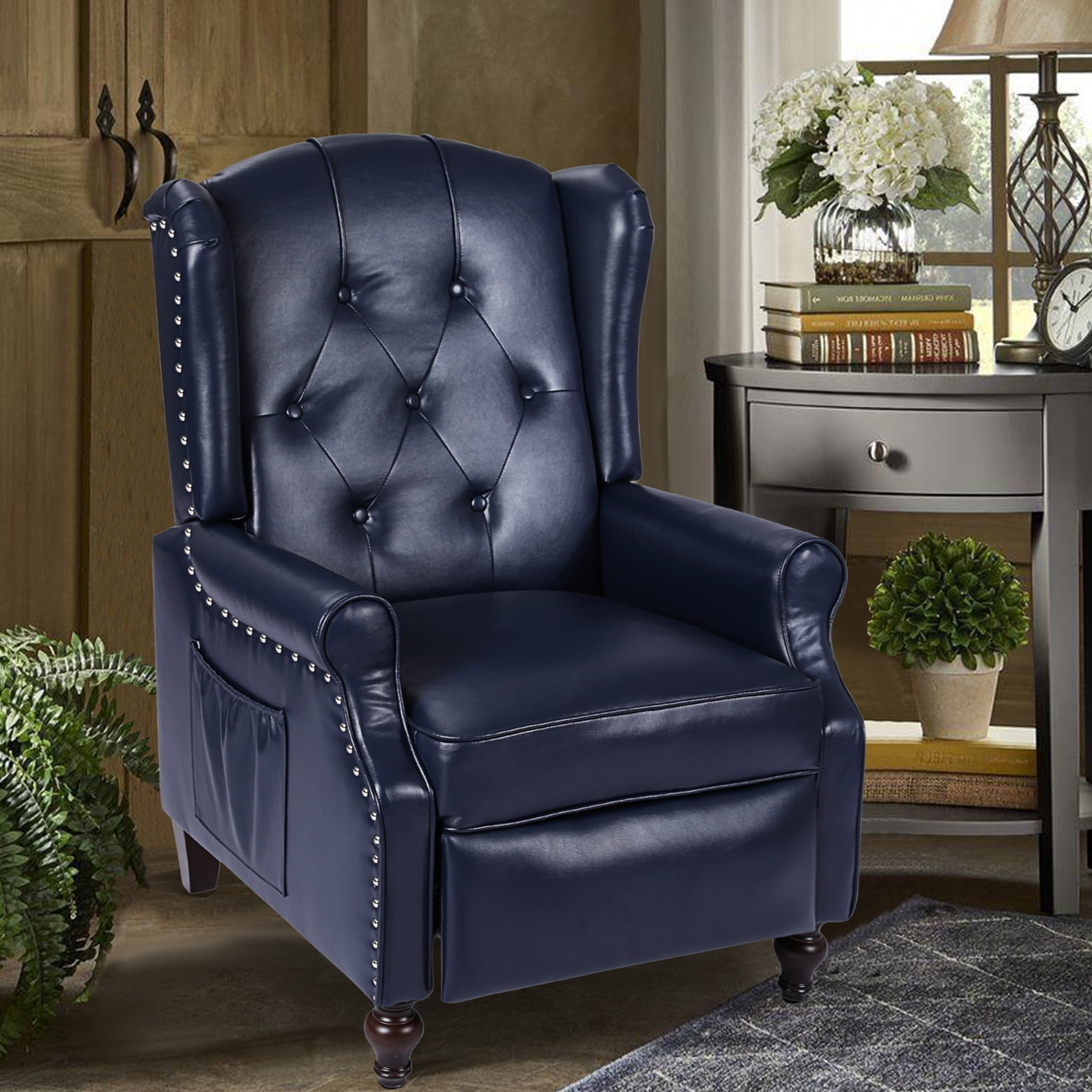 Recliner Wingback Chair - PU Leather Arm Heat Push Back Massage Remote Control Heat Backrest Blue Purple