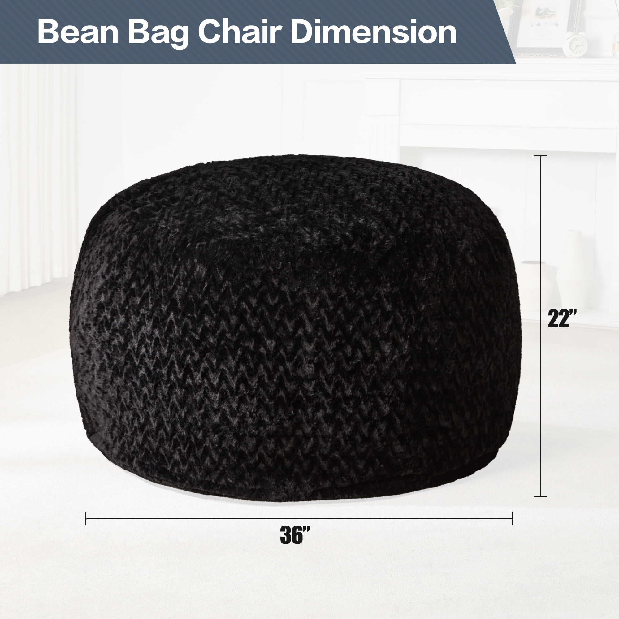 Hobestluk 3ft Bean Bag Chairs for Adults Large Beanbag Chair with Chevron Plush Fur Cover Big Bean Bag Chair for Living Room Bedroom Dorm Office - Black (36” x 36” x 22”)