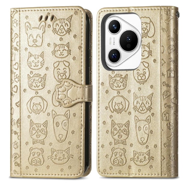 Funda Cartera FOXDOCK para Huawei Pura 70 Pro , Flip PU con Relieve de Gatos y Perros, Tarjetero y Soporte