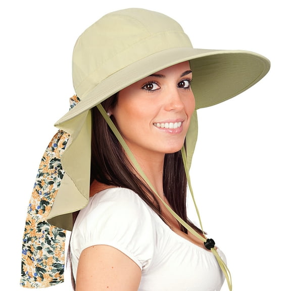 Solaris Women Outdoor Boonie UV Protecting Sun Hats with Neck Flap and Floral Silk Ribbons for Hiking Safari,Fishing Caps,TAN