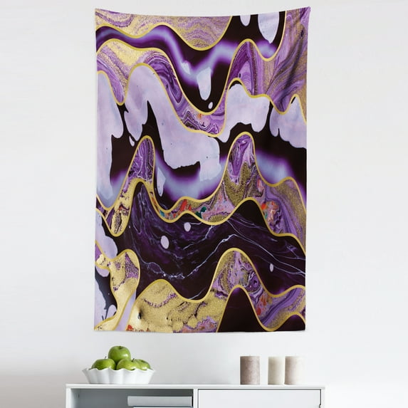Marble Tapestry, Abstract Style Waves Print of Mixing Purple Colors Splashy Design, Fabric Wall Hanging Decor for Bedroom Living Room Dorm, 5 Sizes, Quartz Lavender and Mustard, by Ambesonne