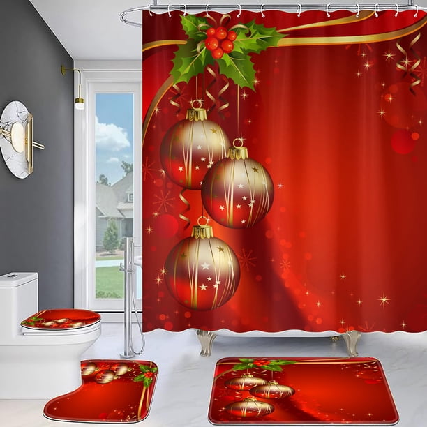 Cortina de baño navideña con estampado digital de bolas navideñas de colores, impermeable, con ganchos