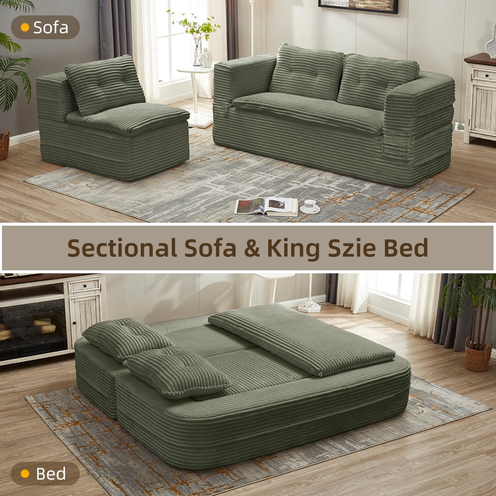 Anpport 80" King Size Convertible Sectional Sofa Bed, Plush Corduroy Deep Seat Couch with Chaise Lounge and Blanket, for Living Room Apartment, Green