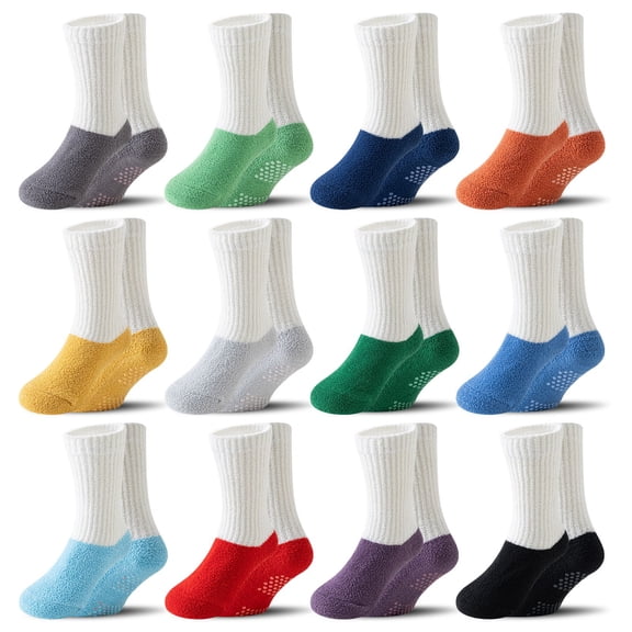 12 Pairs Kids Toddler Fuzzy Socks For Boy and Girls with Grips Non Slip Slipper Socks Crew Cabin Cozy Fluffy Warm Winter Socks