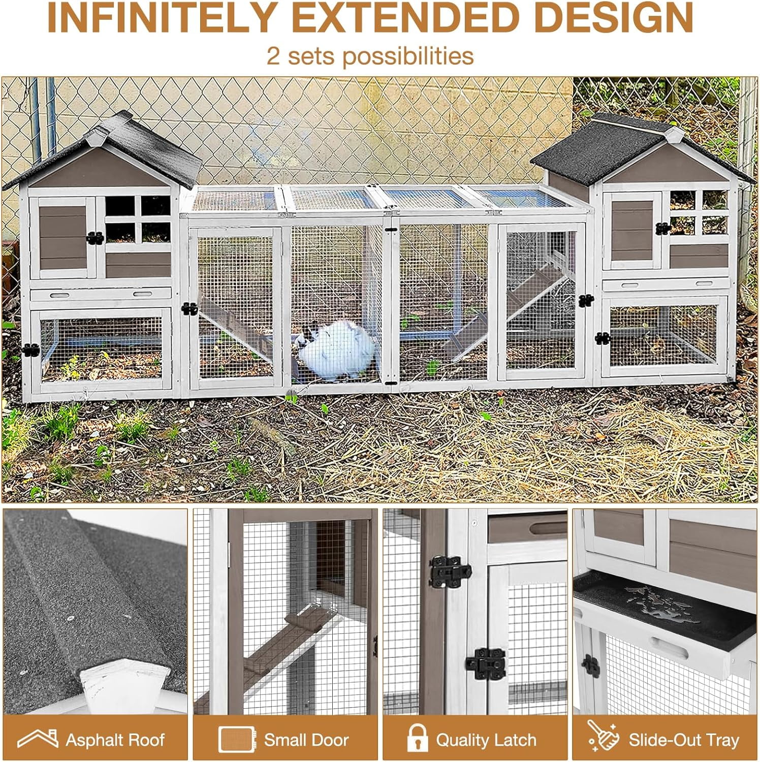 Aivituvin 51.6''L Rabbit Hutch Outdoor Chicken Coop, Indoor Bunny Cage with Run, Guinea Pig House with Pull Out Upper Tray, Brown