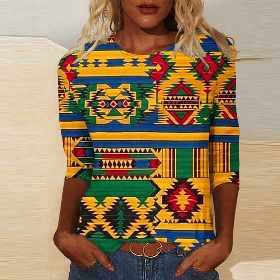 LYEAA African American Apparel Women 3/4 Sleeve Round Neck Tops Ethnic Print Cotton Shirt Loose Fit Casual Daily Cultural Outfit Multicolor XXXXL