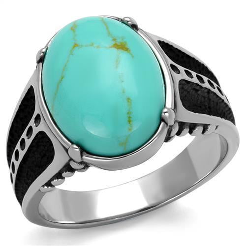 Mens Ring Large Oval Turquoise 316L Stainless Steel Ring in Green Blue