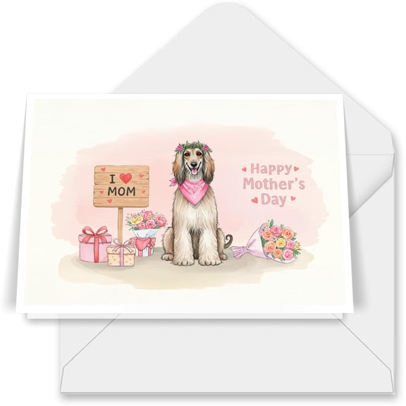 Happy Mother's Day Afghan Hound Love Dog Mom Heart Flower 7x5in Folded Greeting Card Dog Lover Single Note Card with Envelope - 12004
