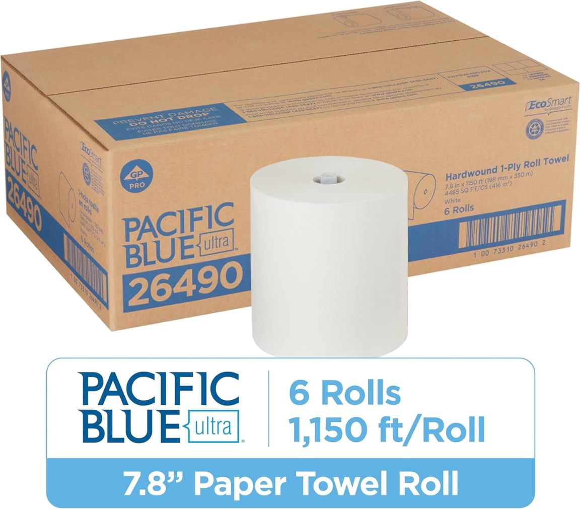 Pacific Blue Ultra 8” High-Capacity Recycled Paper Towel Roll by GP PRO (LZQP), White, 26490, 1150 Feet Per Roll, 6 Rolls Per Case