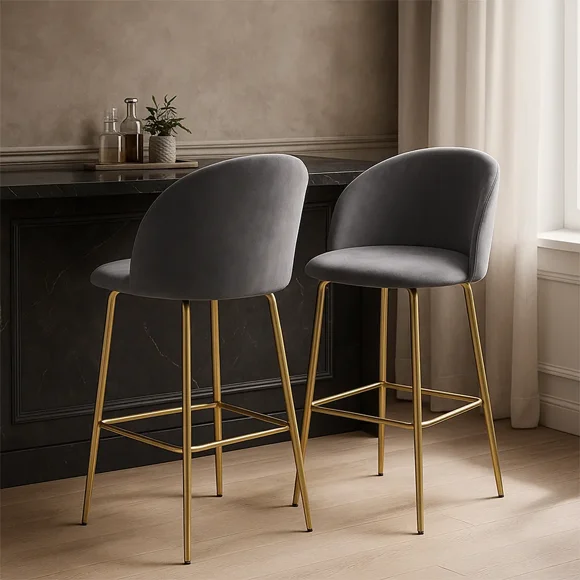 Silla Alta Terciopelo Gris con Patas Doradas - Bancos para Barra Moderno y Elegante Sillaa Altas para Cocina, Bar y Comedor Set de 2 piezas