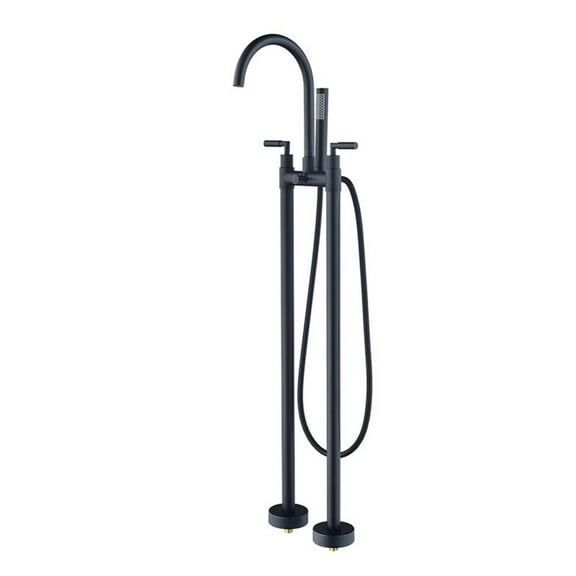 Pemberly Row Double Handle Floor Mounted Tub Filler with Handshower in Black