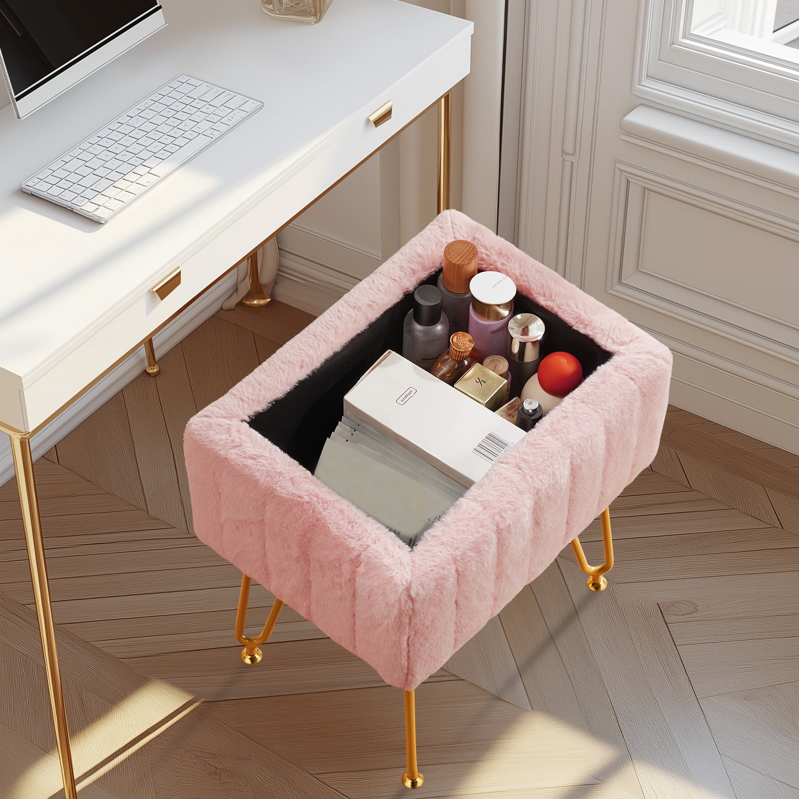Gianna Stool Chair with Storage Space,with Non-Slip Feet, for Dressing Room, Bedroom, Pink