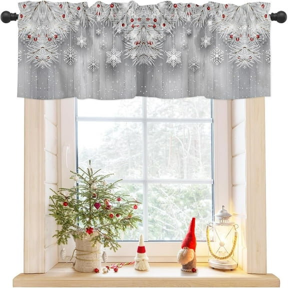 Christmas Valances for Windows Snowflake Snow Pine Needles Christmas Kitchen Curtain Valances Rod Pocket Berry Grey Window Curtain Treatment Curtains Seasonal Valance Christmas Decor, 54x18 Inch
