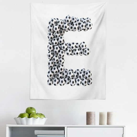 Letter E Tapestry, Balls with Hexagon Motifs Classic Sporting Equipment Theme Alphabet Letter, Fabric Wall Hanging Decor for Bedroom Living Room Dorm, 5 Sizes, Black and White, by Ambesonne