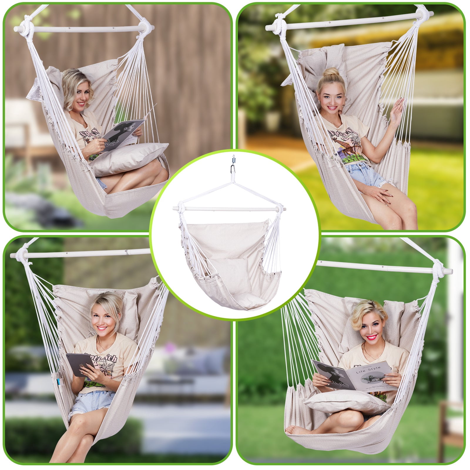 Backyard Expressions Hammock Chair Hanging Rope Swing Chair, 2 Pillows, Anti Slip Steel Spreader Bar