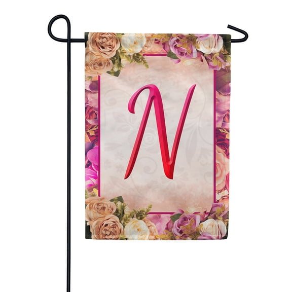 America Forever Spring Monogram Garden Flag Letter N 12.5 x 18 inches Double Sided Vertical Outdoor, Yard, Lawn, Beautiful Floral Design, Garland, Roses and Summer Flowers Garden Flag