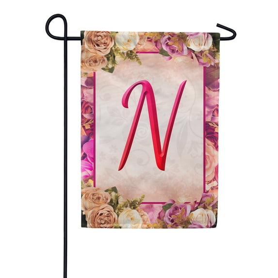 America Forever Spring Monogram Garden Flag Letter N 12.5 x 18 inches Double Sided Vertical Outdoor, Yard, Lawn, Beautiful Floral Design, Garland, Roses and Summer Flowers Garden Flag