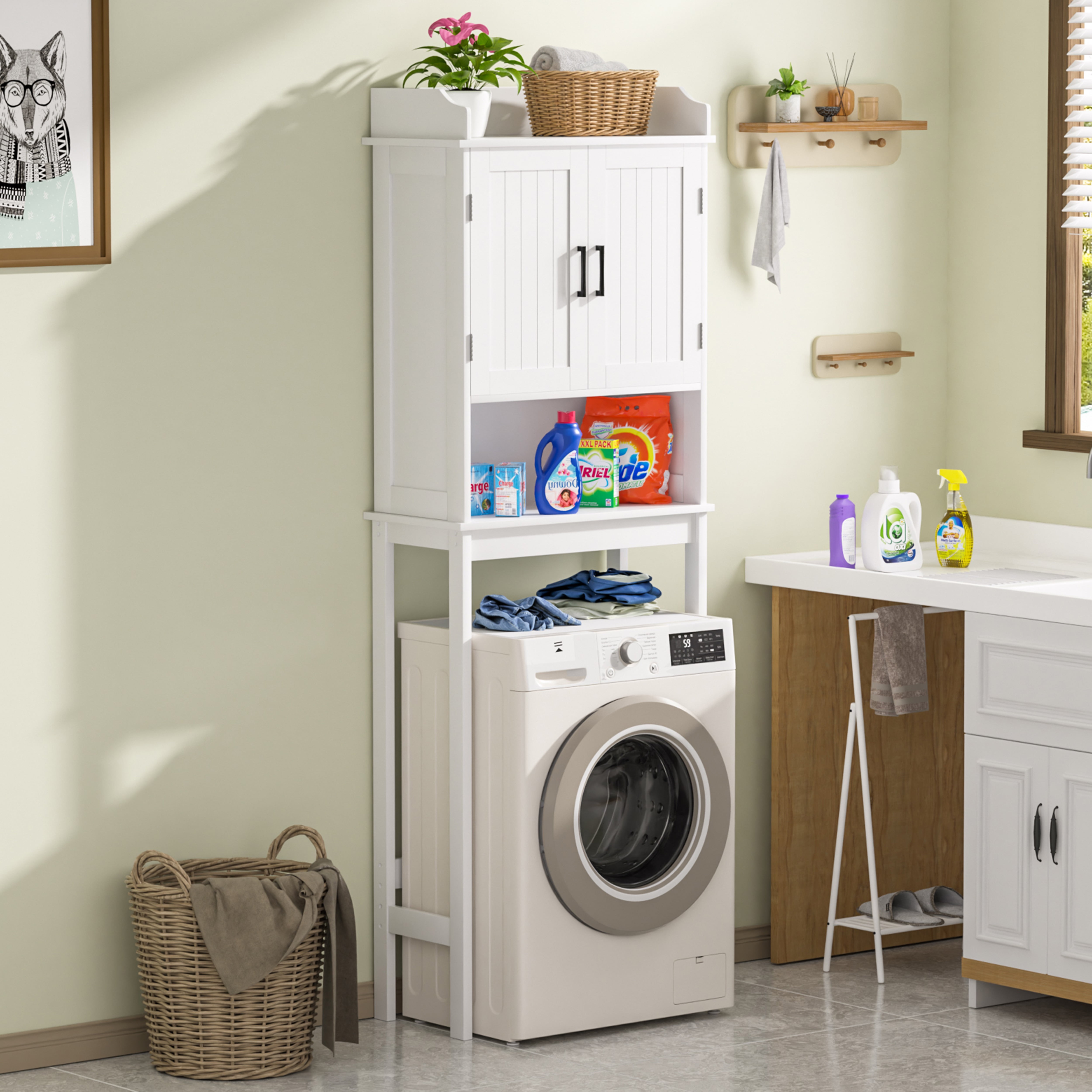 VEIKOUS Over the Toilet Storage Cabinet, Bathroom Space Saver W/ Adjustable Shelf & Rack, White