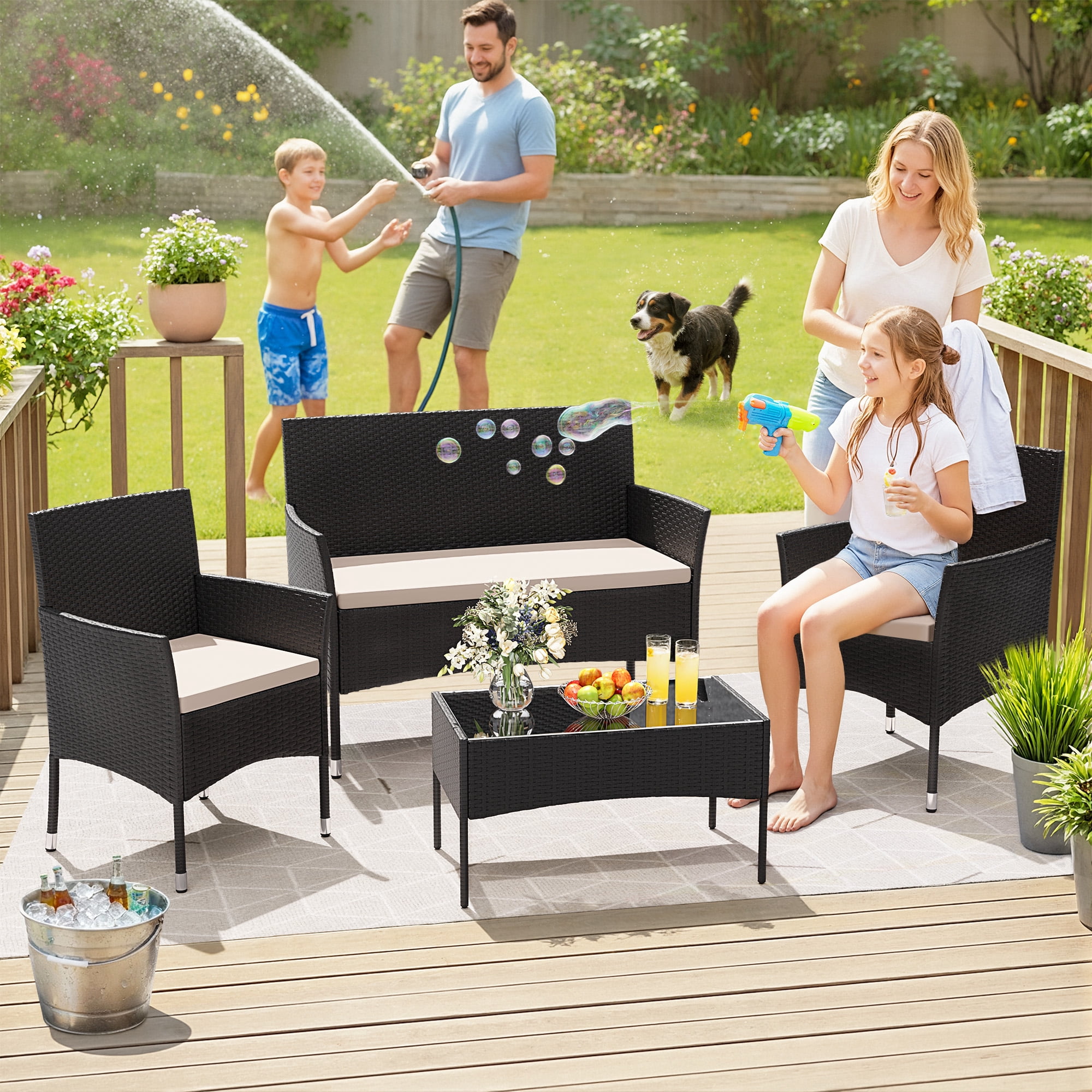 Homall 4 Pieces Patio Conversation Set Outdoor Furniture Rattan Chairs Wicker Seating with Cushion and Table Weather-resistant for Porch Garden Backyard, Black /Beige