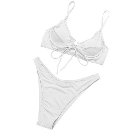 Fesfesfes Women Sexy Bikini Set Casual High Waist Cut Thong Bottoms Swimsuit Pool Party Swimwear Solid Color Beachwear Gifts for Her