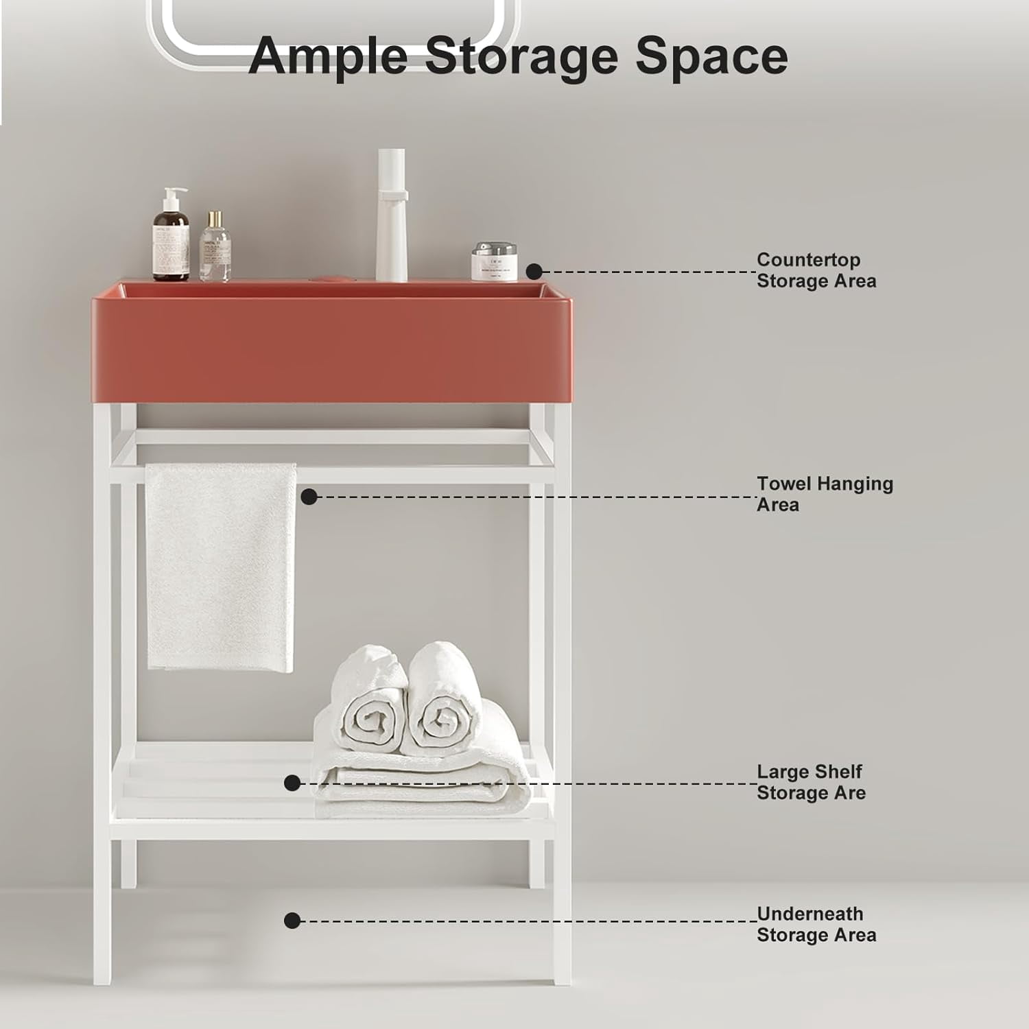24 Inch Bathroom Vanity with Ceramic Basin, Freestanding Bathroom Console Sink Set, Red Rectangular Integrated Basin Without Faucet, Gold Open Metal Leg, Storage Shelves, Pop Up Drain