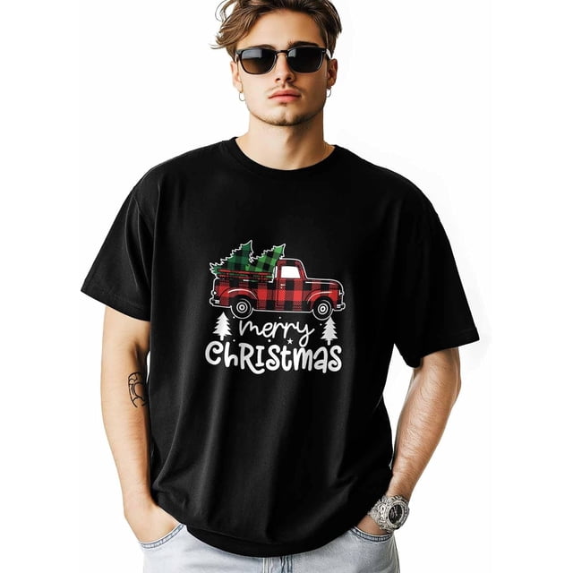 Camisetas para hombre, camiseta de cuello redondo con diseño de camión rojo y árbol de Navidad, manga corta, algodón suave.