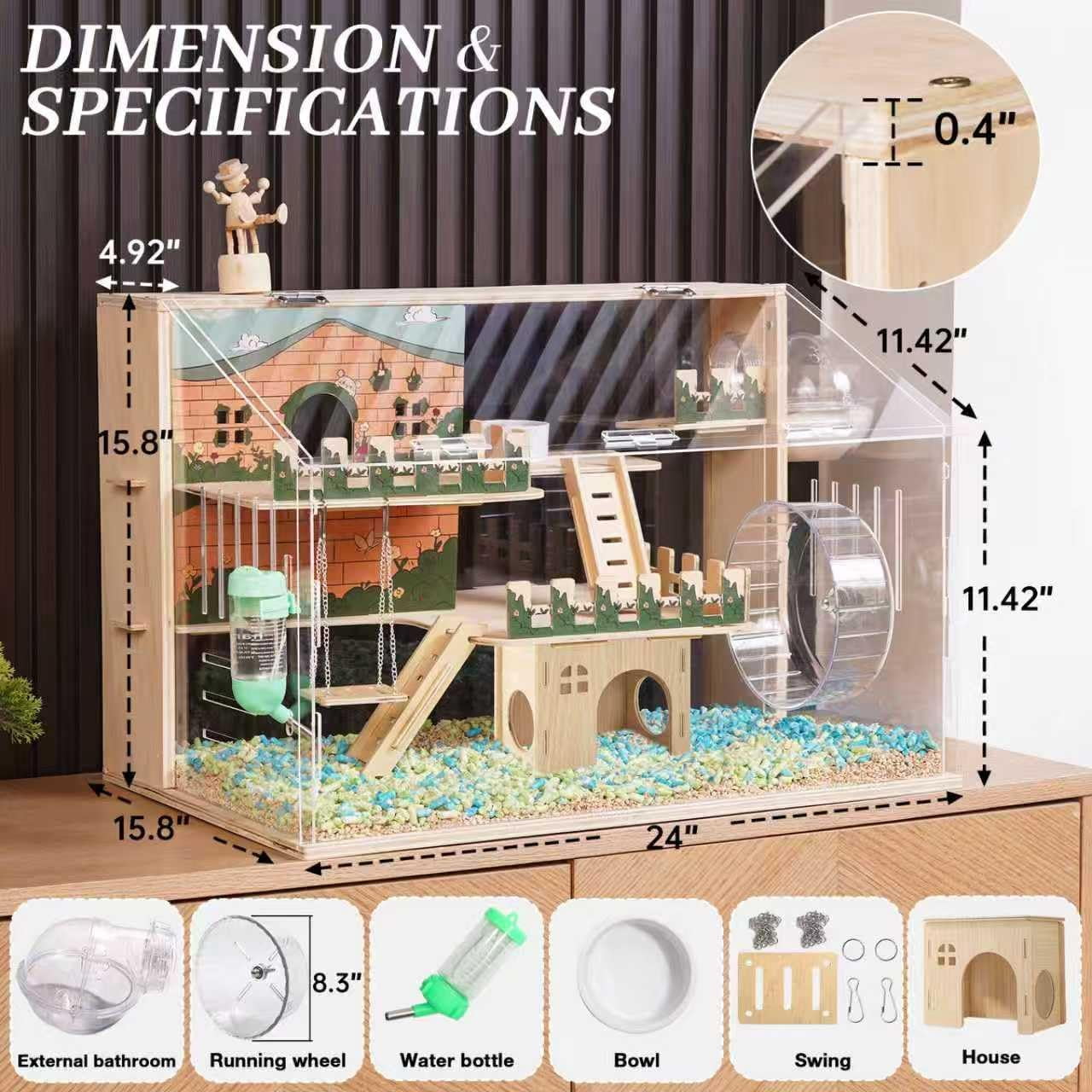 11 in 1 Wooden Hamster Cage with All Accessories, 15.8 Inch 3-Layer Dwarf Hamster Cage Acrylic,Small Animal Cages, Pastoral Style Mouse Cage for Pet Mice, Hedgehog, with Stairs, Fences and Swing