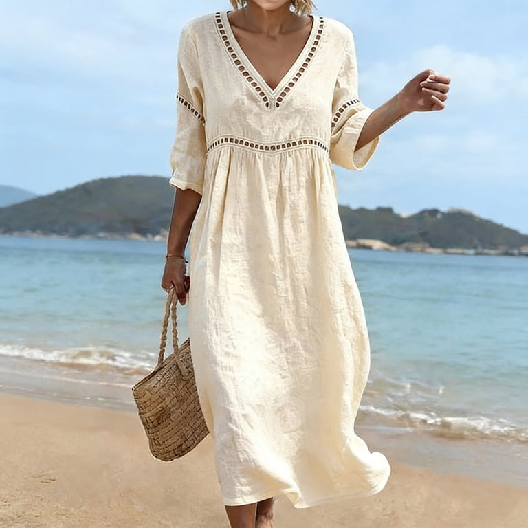 3/4 sleeve casual midi dress Xuyuer Women's Summer Designer Casual 3/4 Sleeve V-Neck Linen Dress