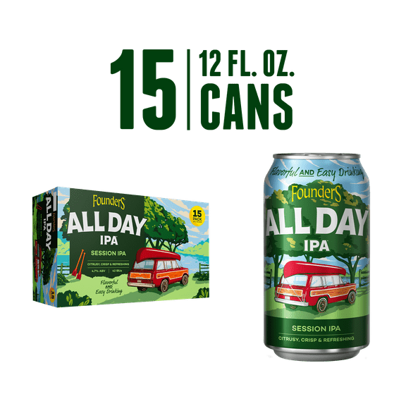 Founders All Day IPA, Session IPA Beer, 15 Pack, 12 fl oz Cans, 4.7% ABV, Craft Beer