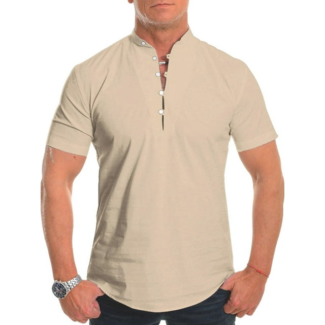 Bellella Mens Blouse Buttons T Shirts Short Sleeve Summer Tops Plain Henley Neck Basic Tee Men Pullover Apricot XXL