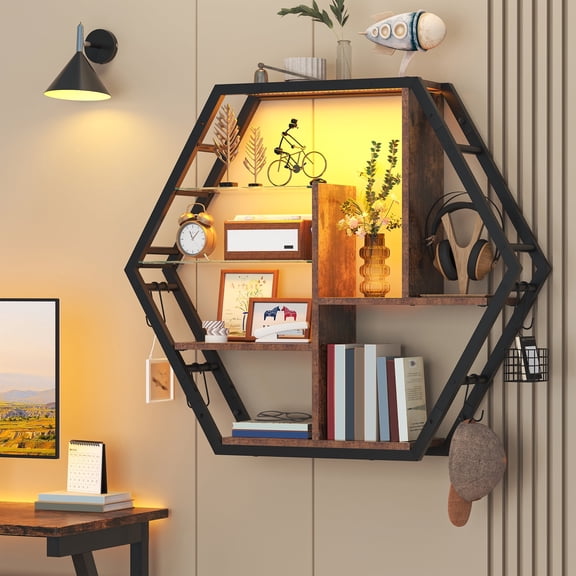 Floating Shelves with Lights, Led Shelves for Wall, Gaming Room Decor Display Shelf, Lighted Bar Shelves, Extra Hanging Hooks Storage, Sturdy Fast Assembly Great Weight Capacity-Rustic Brown