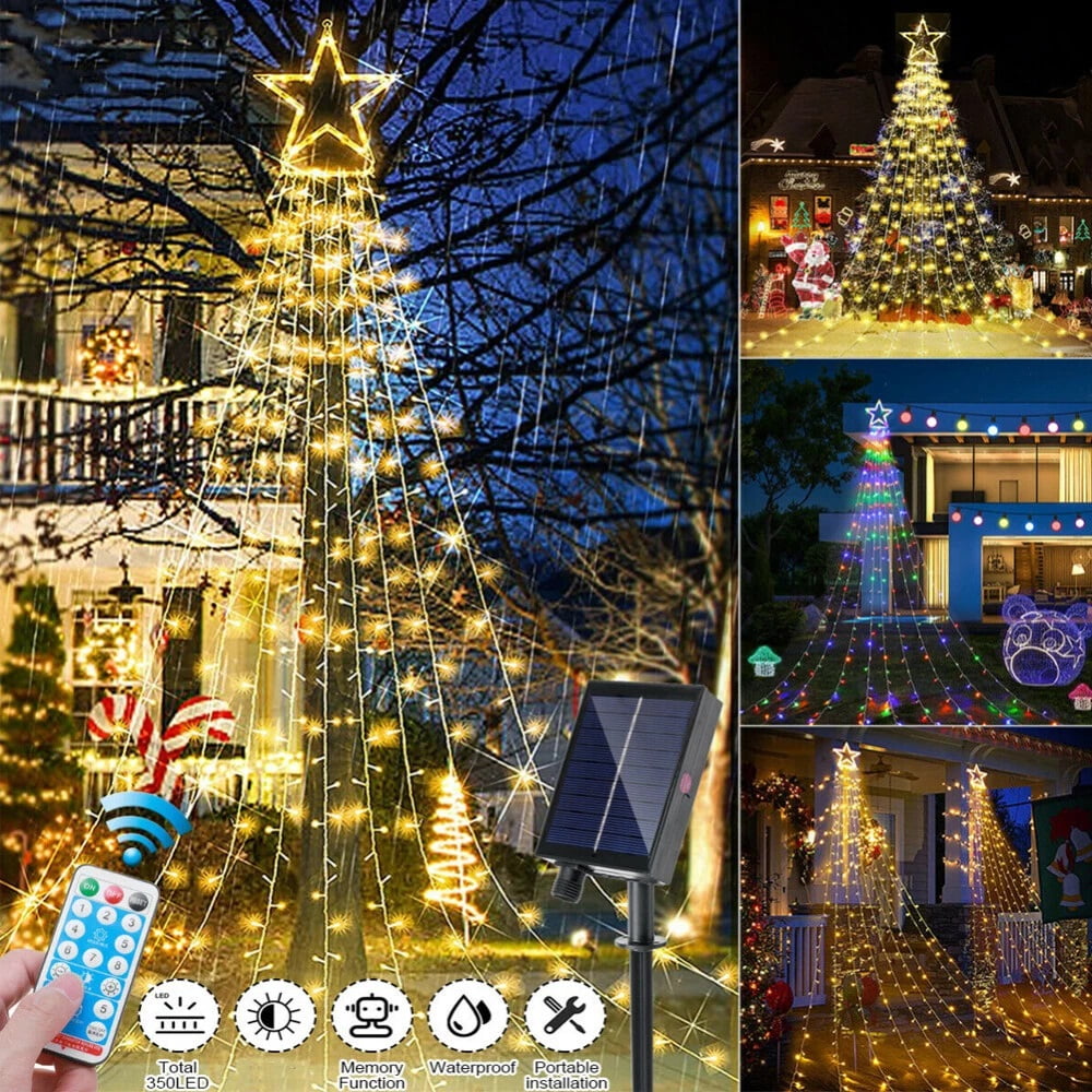 LED Star Waterfall Solar Light Christmas Tree 11ft 350 LED Fairy String Lights with Remote Control Outdoor Waterproof Holiday Decoration Solar Powered Christmas Tree Lights for Yard, Garden, Patio