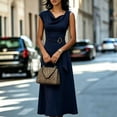 thumbnail image 2 of Morttic Women's Solid Color Sleeveless Cowl Neck Midi Dress – Elegant Ruched Tied Waist A-Line Dress Office & Party Wear Navy Blue，M, 2 of 6