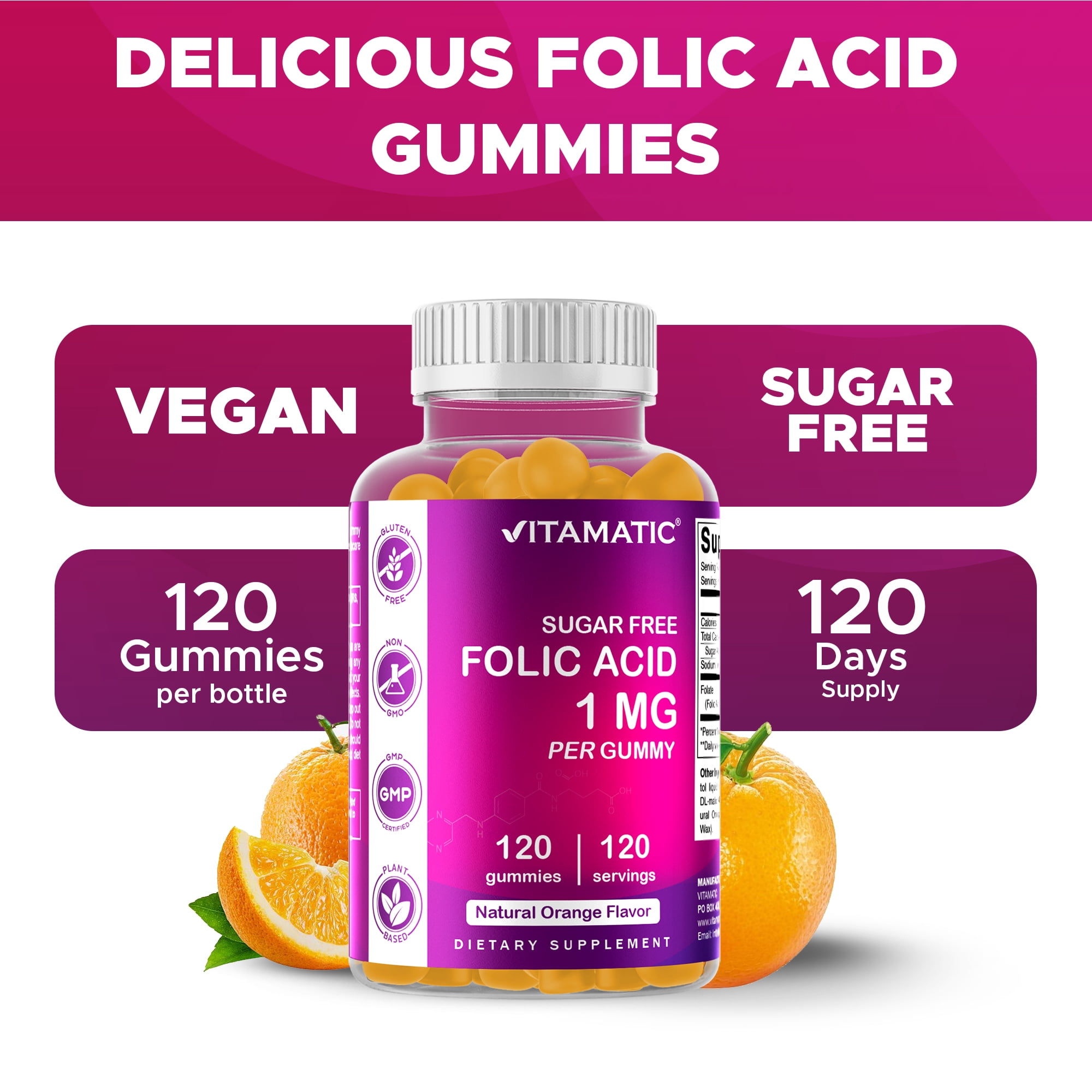 2 Pack Vitamatic Folic Acid Gummies 1000 mcg (1 mg) - an Essential Prenatal Vitamins for Mom & Baby - Vitamin B9 - 120 Vegan Gummies