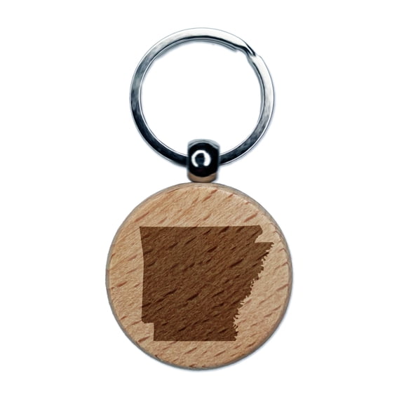 Arkansas State Silhouette Round Keychain Charm Tag - Engraved Wood
