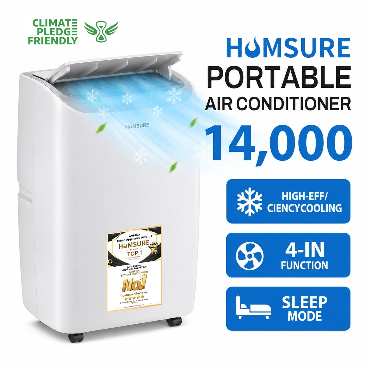 HUMSURE Portable Air Conditioner 14000 BTU(ASHRAE) ,Suitable for 420 sq ft of Rooms, Floor Standing Air Conditioning AC Unit with Remote Control and Installation Kit, 5-In-1 Function 9200BTU(SACC)