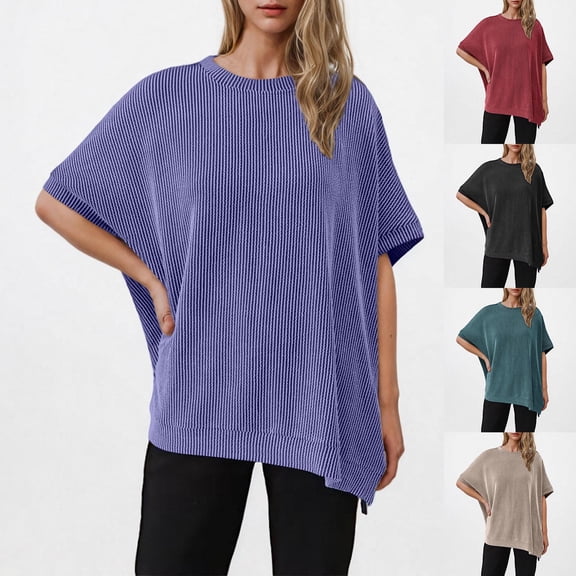 ZZwxWA Womens Tops Knitted Short Batwing Sleeve , Oversized Loose-Fit Shirt, Fall Summer Plus Size Tunic Sweater Women's Solid Color Tshirts