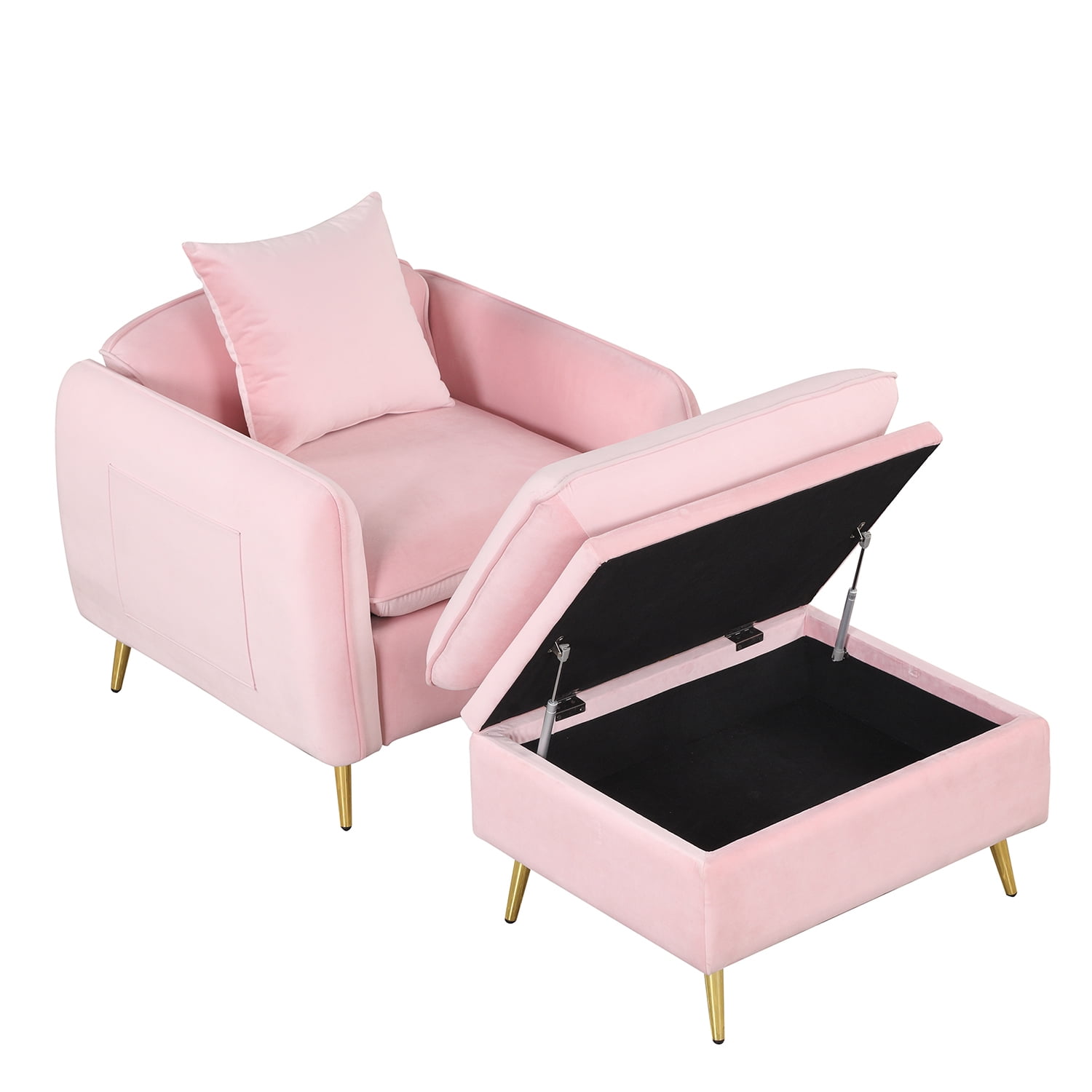 Kadyn 35.2" Modern Armchair, Single Sofa Chair with Ottoman Foot Rest and Pillow, Velvet Accent Chairs for Small Spaces Apartment Office, Pink Kadyn 35.2" Modern Armchair, Single Sofa Chair with Ottoman Foot Rest and Pillow, Velvet Accent Chairs for Small Spaces Apartment Office, Pink