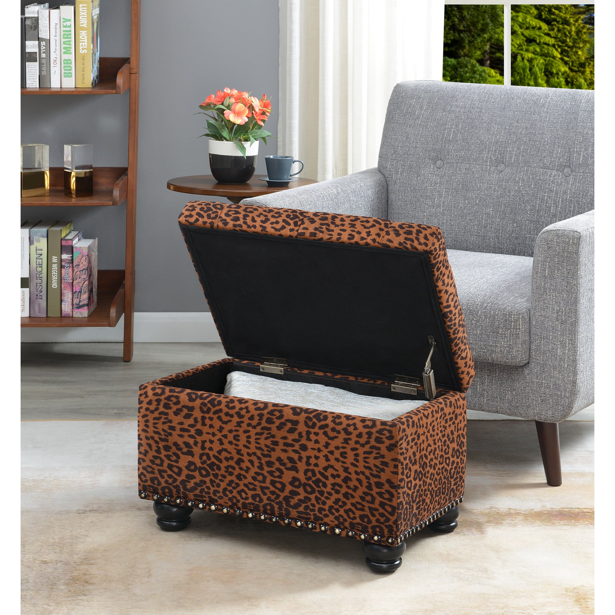 Convenience Concepts Designs4Comfort 5th Avenue Storage Ottoman, Forest Leopard Print Fabric