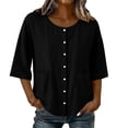 thumbnail image 2 of Uootdi Women's Tops Round Neck 3/4 Sleeve Button Front Cotton Blouses Casual Daily Style Lightweight Breathable Loose Fit Tops Gift, 2 of 7