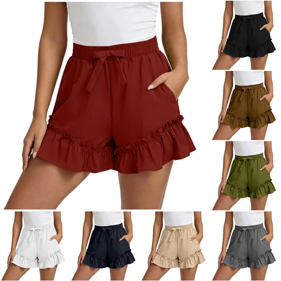 Bloomae Flowy Shorts for Women Boho Ruffle Trim Skorts Drawstring Elastic Waist Bow-Knot Casual Summer Beach Vacation Short Pants with Pockets Khaki S