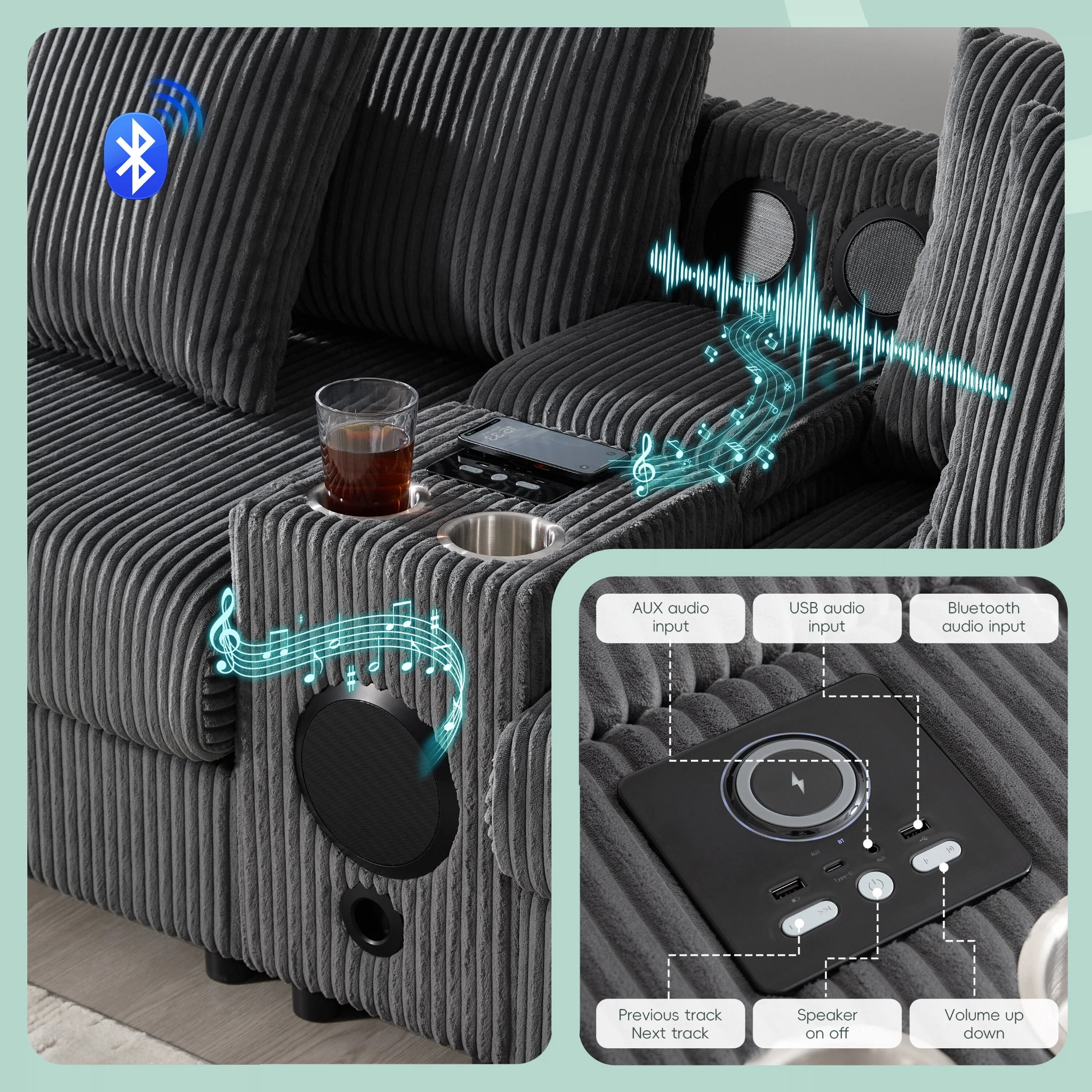 AISWORD 112" U Shaped Sectional Couch with Bluetooth Speakers, USB Charger, Console with Cup Holders & Corduroy Chaise, Dark Grey