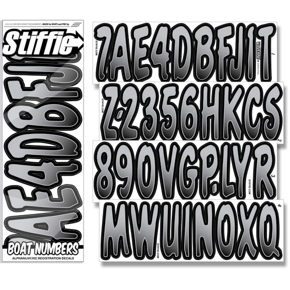 STIFFIE Waveline Metallic Silver/Black 3” Boat  PWC Registration Decals • Numbers Letters Stickers